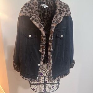 Leopard Trim Black Denim Jacket